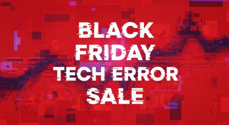 A glitchy, distorted image promoting a Black Friday Tech Error Sale with a vibrant red background and distorted text effects.の素材