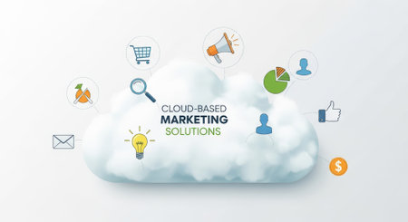 A concept illustration of cloud based marketing solutions featuring a central cloud with various business and social media icons representing data analysis, ecommerce, and communication.の素材