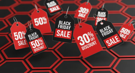 A vibrant image showcasing Black Friday sale tags with various discounts, set against a modern geometric background, perfect for promotional materials.の素材