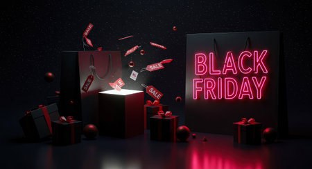 A vibrant Black Friday scene with a neon sign, gift boxes, and confetti, creating a festive shopping atmosphere.の素材