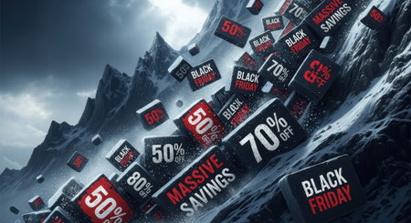 An epic scene showing a landslide of discount and sale signs for Black Friday symbolizing overwhelming deals and consumerismの素材