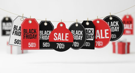 A vibrant image showcasing Black Friday sale tags hanging from a string, each displaying different discount percentages in a festive red and black color scheme.の素材