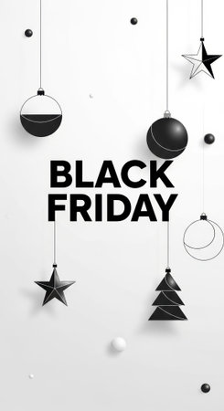 A minimalist Black Friday sale announcement featuring hanging ornaments in black and white, creating a sophisticated and modern holiday shopping vibe.の素材