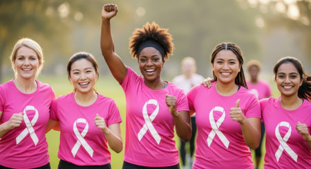 A joyful multiethnic group of women in pink t-shirts with awareness ribbons run together billboards, celebrating unity and support at a breast cancer charity event.の素材