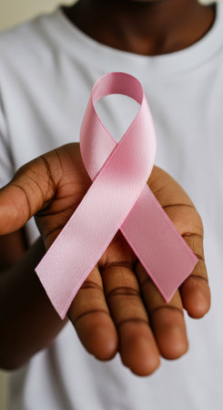 Close-up of a hand holding a pink ribbon, symbolizing breast cancer awareness and support for those affected by the disease.の素材