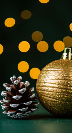 A close-up of a pine cone and a golden Christmas ornament against a backdrop of blurred golden lights, creating a warm, festive atmosphere.の素材