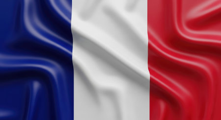 A high-angle shot of the French flag waving, symbolizing national pride and identity. The tricolor design is prominently displayed with its vibrant colors.の素材