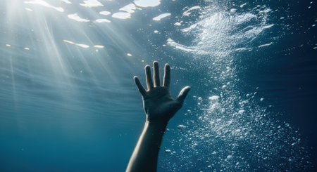 A hand reaches up from the depths of the ocean, surrounded by bubbles and sun rays, conveying a sense of struggle and desperation for help.の素材