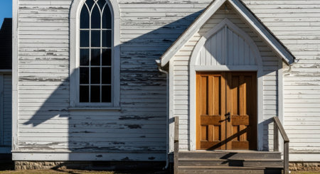 Close-up of a weathered white church featuring a gothic window casting a shadow and a wooden door with a small porch.の素材