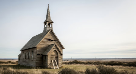 A weathered and forgotten wooden church with a tall steeple stands alone in a vast, dry, grassy field under a pale sky, a symbol of history, faith, and solitude.の素材