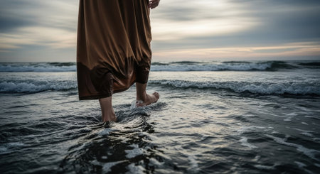 A person in a long dress walks on the beach at sunset, the waves gently lapping at their feet.の素材