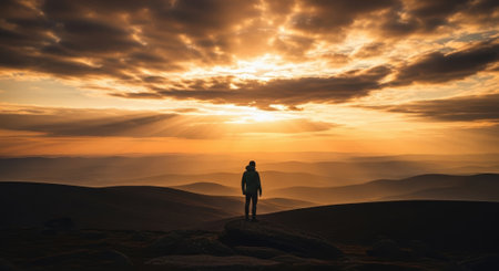 A lone figure stands silhouetted against a vibrant sunset, overlooking a landscape of rolling hills under a dramatic, cloud-filled sky. The scene evokes a sense of solitude and wonder.の素材
