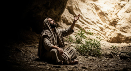 A man with a beard and draped clothing sits in a cave, his hand raised towards a beam of light, symbolizing faith and spiritual seeking.の素材