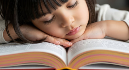 A young girl is resting her head on an open book, possibly asleep or taking a break from studying. The book is large with yellowed pages.の素材