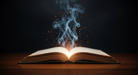 An open book emits swirling smoke, suggesting magic, knowledge, or a captivating story. The scene is set against a dark background, enhancing the mystical atmosphere.の素材