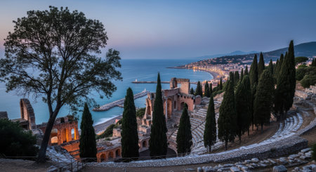 A picturesque view of Taormina, Sicily, featuring the ancient Greek theater overlooking the coastline at dusk, with cypress trees and city lights.の素材