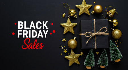 A visually appealing Black Friday sales promotion featuring a black gift box, golden stars, ornaments, and miniature Christmas trees, all arranged on a dark background.の素材