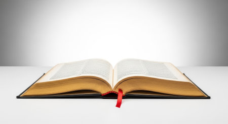 An open book with golden pages and a red bookmark is centered on a white surface, with a softly lit background.の素材
