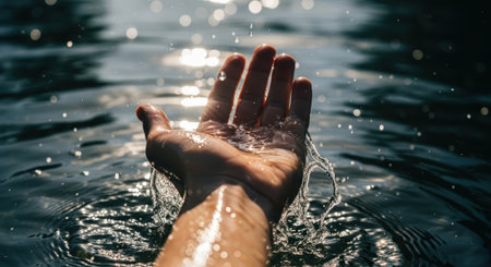 A persons hand is lifted out of the water, creating ripples and splashes.の素材