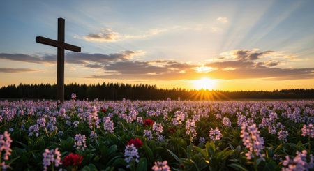A silhouette of a cross stands in a field of flowers at sunset, symbolizing faith, hope, and the beauty of nature.の素材