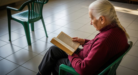 An elderly woman with white hair sits in a green chair, deeply focused on reading a book in a brightly lit room.の素材