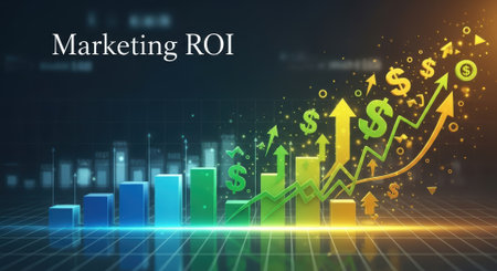 A vibrant illustration depicting marketing ROI, featuring a rising bar graph, dollar signs, and upward arrows, symbolizing financial growth and success.の素材