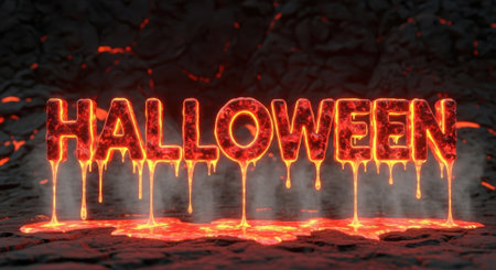 A fiery Halloween text effect with the word HALLOWEEN rendered in molten lava, dripping down against a dark, smoky background, creating a spooky and intense visual.の素材