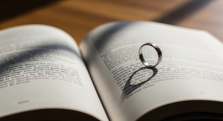 A wedding ring casts a shadow on the pages of an open book, symbolizing commitment and love.の素材
