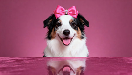 Australian shepherd with pink bow on her head on a pink background.の素材
