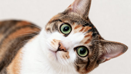 Close-up portrait of a cat with green eyes on a white backgroundの素材