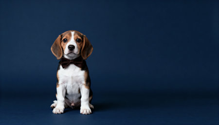 Cute Beagle puppy sitting on blue background. Studio shot.の素材