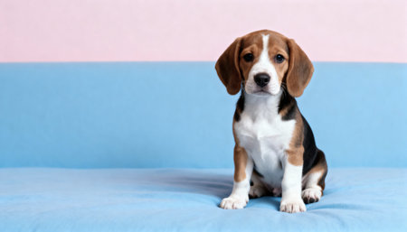 Portrait of a cute beagle puppy sitting on a blue sofaの素材