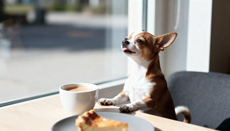 Chihuahua dog with a cup of coffee near the windowの素材