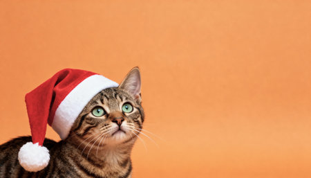 Portrait of a cat in a Santa Claus hat on an orange backgroundの素材