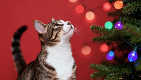 Cute tabby cat near Christmas tree on blurred lights backgroundの素材