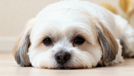 Portrait of a cute Shih Tzu dog lying on the floorの素材