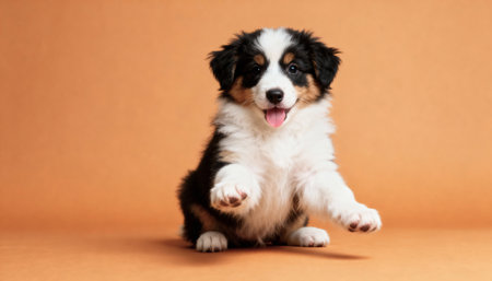 Australian Shepherd puppy on an orange background. Studio shot. Copy space.の素材