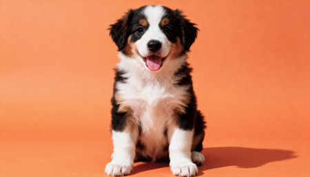 Puppy of australian shepherd sitting on an orange backgroundの素材