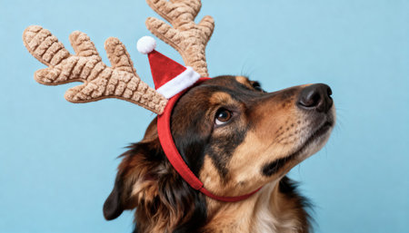 Christmas dog with reindeer antlers on a blue backgroundの素材