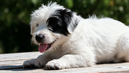 White and black Jack Russell Terrier puppy lying on a wooden benchの素材