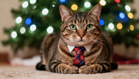 Tabby cat in necktie and necktie lying near Christmas treeの素材