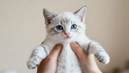 Close up of British Shorthair kitten with blue eyes on handの素材