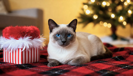 Siamese cat with blue eyes and Christmas tree on backgroundの素材