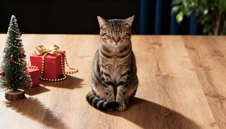 Cute tabby cat sitting on wooden floor with Christmas tree and gift boxの素材