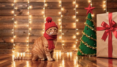 Cute ginger cat in a red knitted hat and scarf near a Christmas tree on a wooden background.の素材