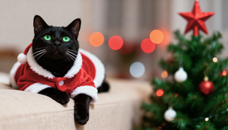 Black cat wearing Santa Claus clothes sitting on sofa with Christmas tree in backgroundの素材