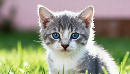 Little gray kitten with blue eyes on the green grass in the gardenの素材