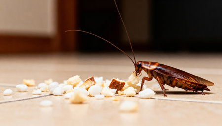 Close up of a cockroach eating croutons on the floorの素材