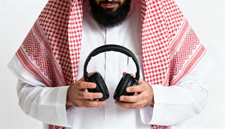 Handsome arabian muslim man listening to music with headphonesの素材