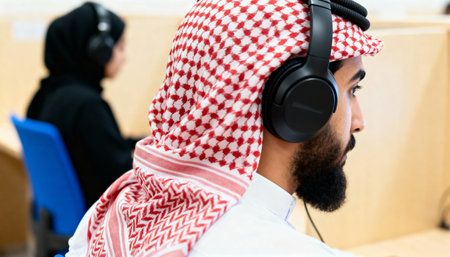 Young Arabic business man listening to music with headphones in the office.の素材